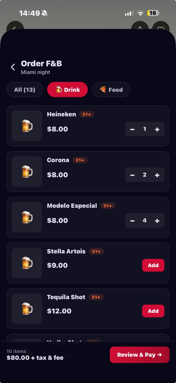 Ordering drinks and food in the Mega Tickets USA app